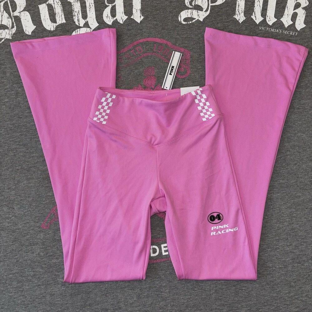 New Victoria’s Secret PINK Lola Pink Checker 04 Racing Relay Flare Leggings XS
